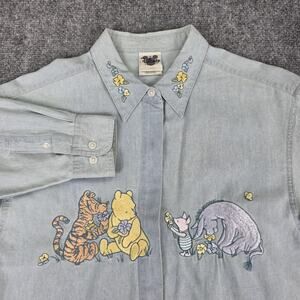 Vintage Disney Shirt Womens Small Blue Chambray Winnie The Pooh Embroidered 90s